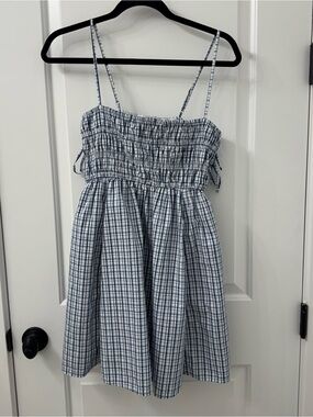 Abercrombie Smocked Plaid Spaghetti-Strap Dress - Blue and White